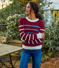 Wine stripe crewneck sweater with white and blue contrast stripes