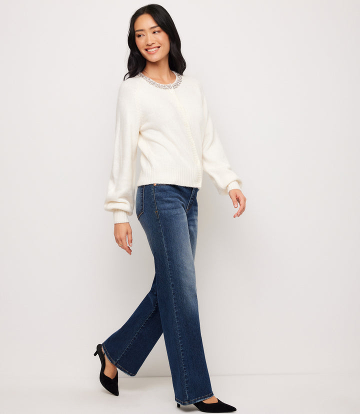 Petite Size Embellished Crewneck Cardigan Sweater