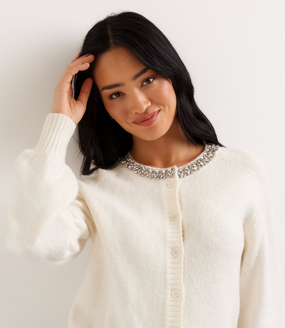 Petite Size Embellished Crewneck Cardigan Sweater