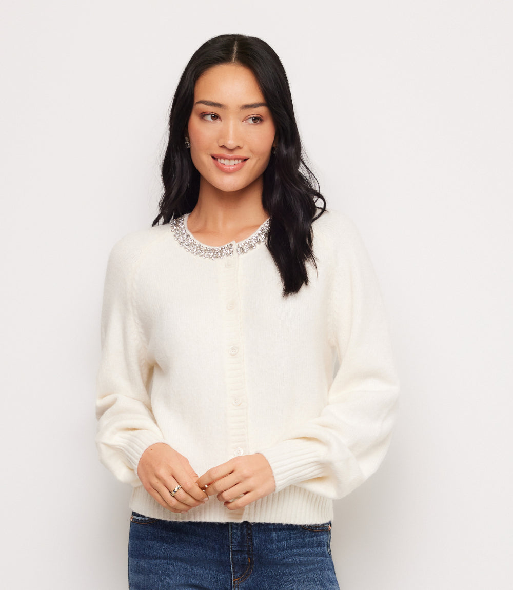 Petite Size Embellished Crewneck Cardigan Sweater