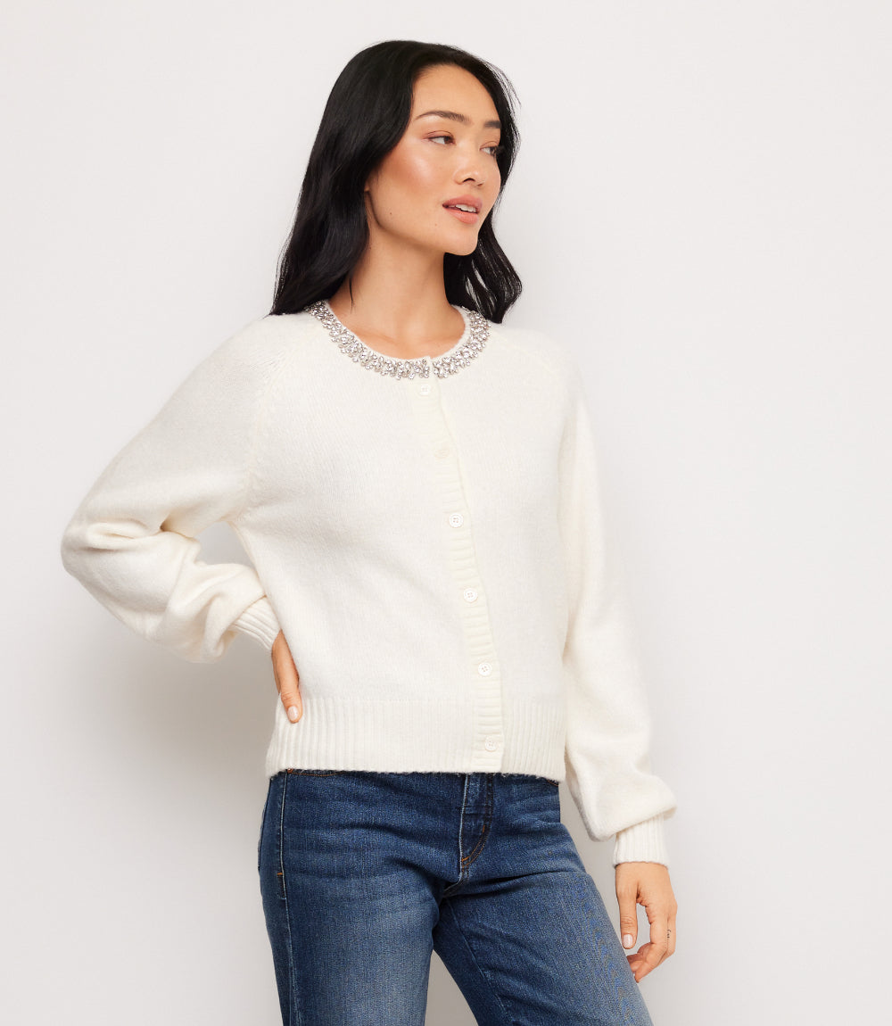 Petite Size Embellished Crewneck Cardigan Sweater