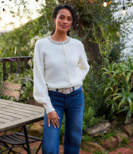 Embellished Crewneck Cardigan Sweater
