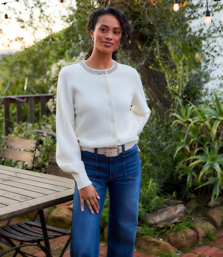 Embellished Crewneck Cardigan Sweater