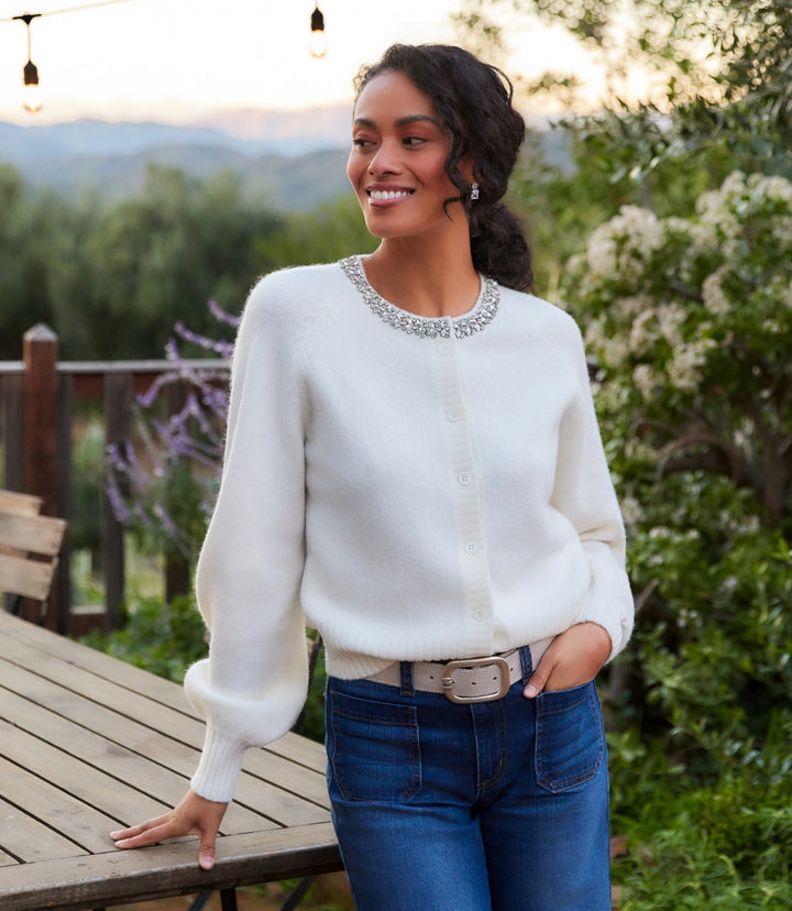 Petite Size Embellished Crewneck Cardigan Sweater