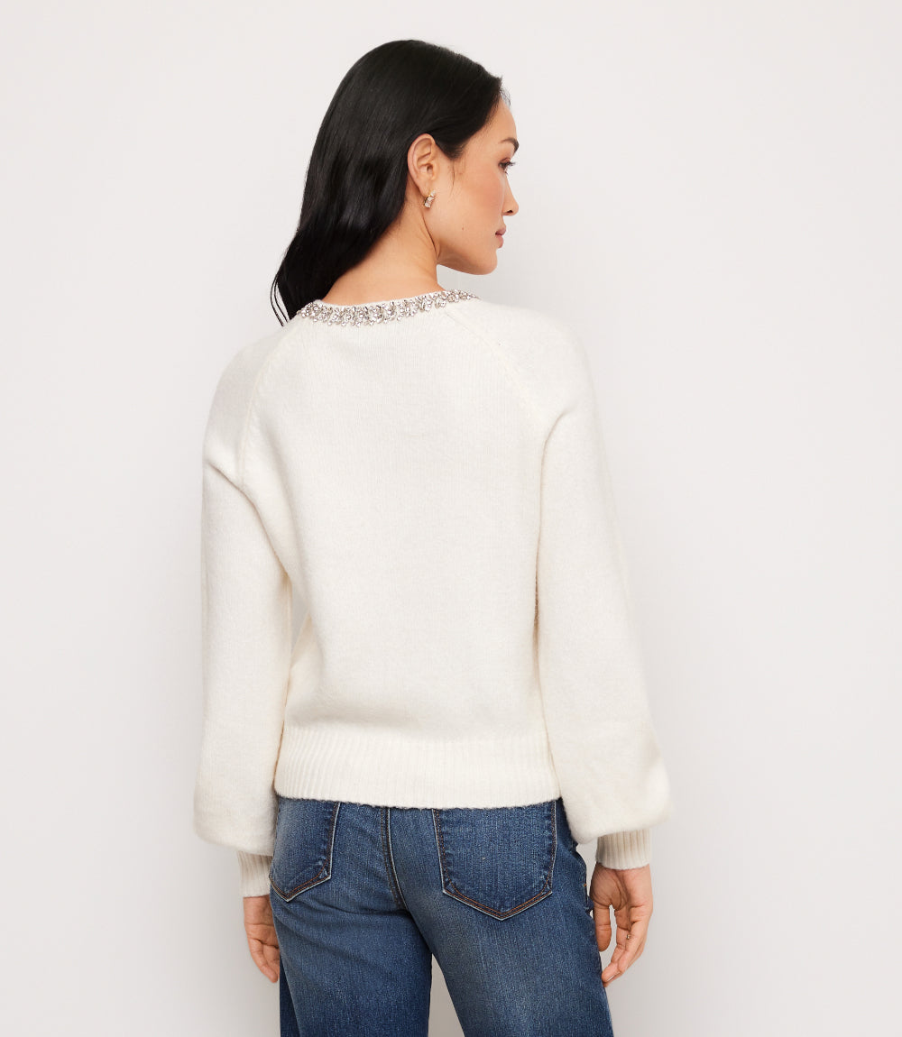 Embellished Crewneck Cardigan Sweater