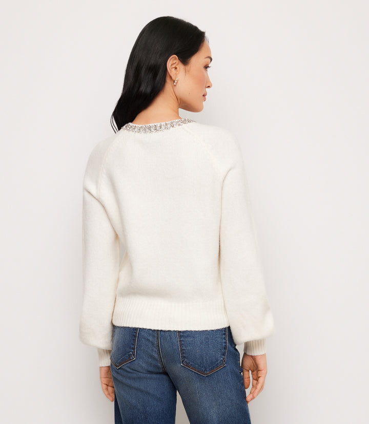 Embellished Crewneck Cardigan Sweater