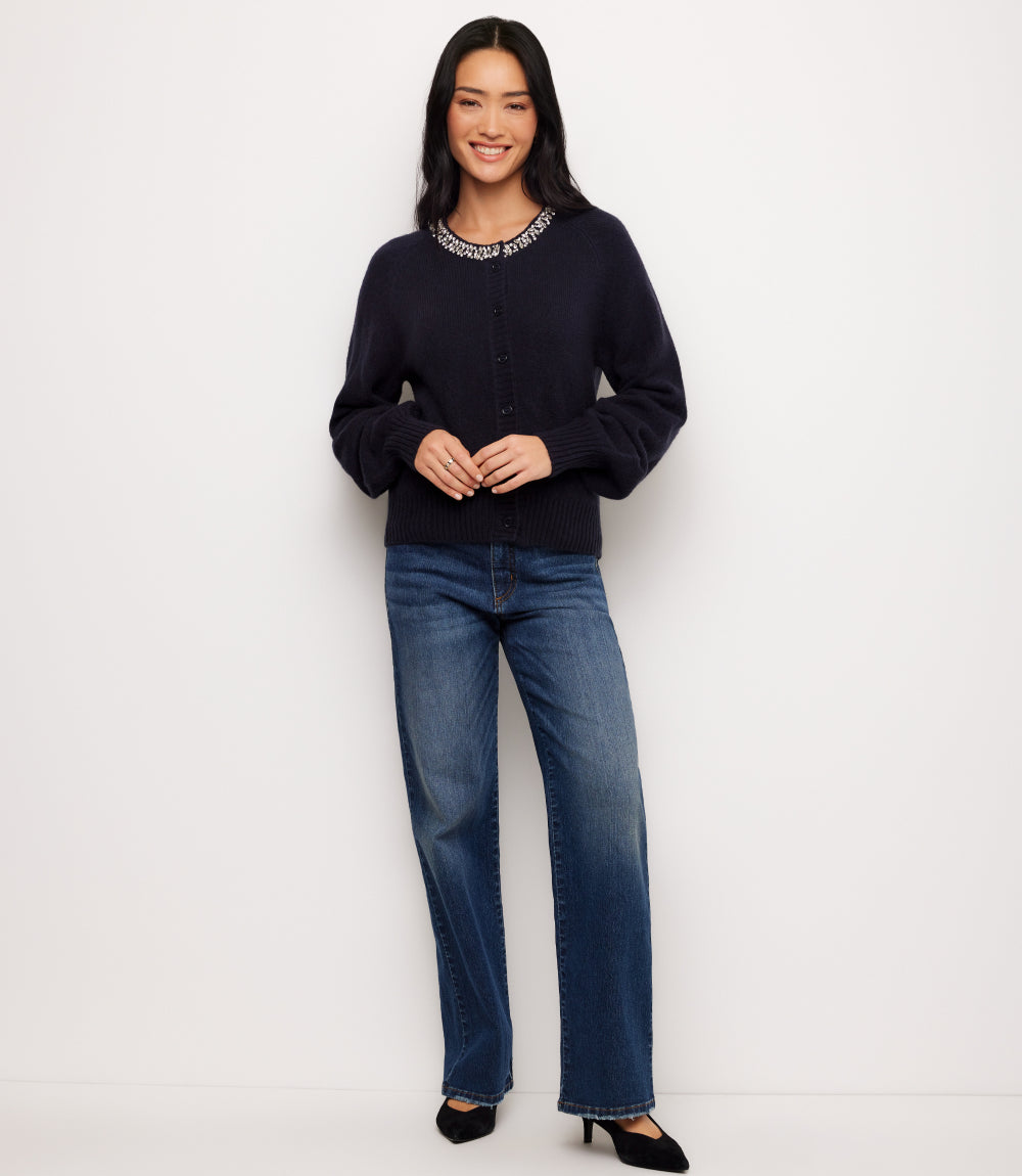 Embellished Crewneck Cardigan Sweater