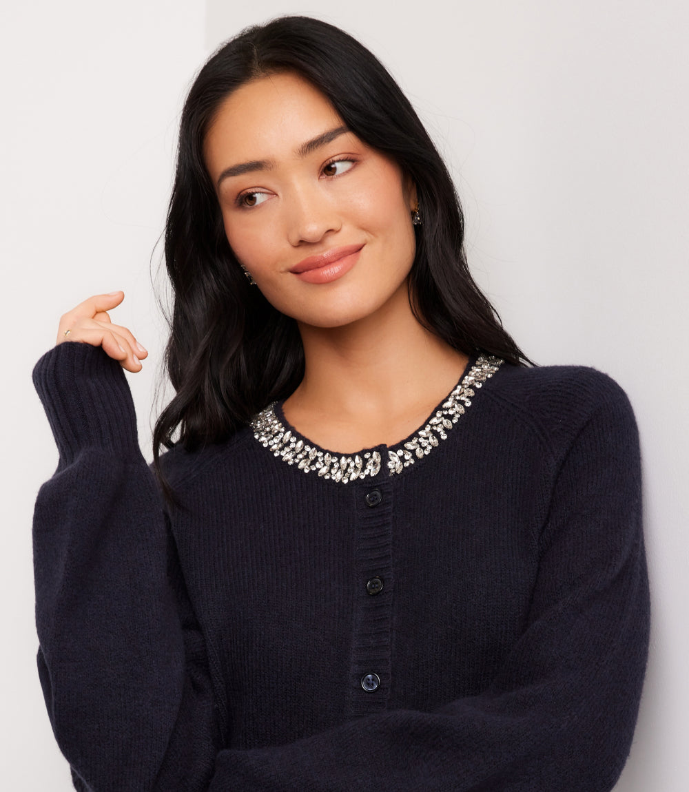 Embellished Crewneck Cardigan Sweater