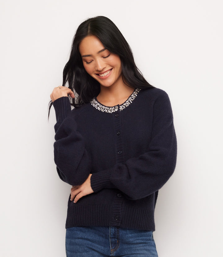 Embellished Crewneck Cardigan Sweater