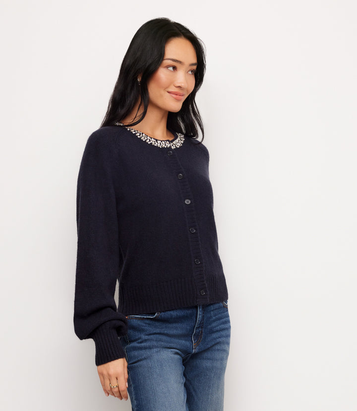Embellished Crewneck Cardigan Sweater