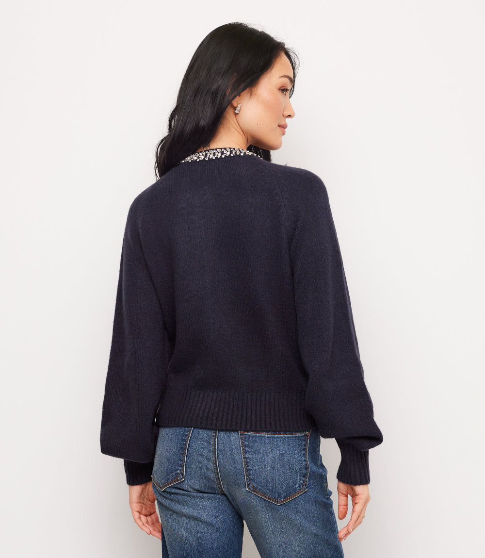 Embellished Crewneck Cardigan Sweater