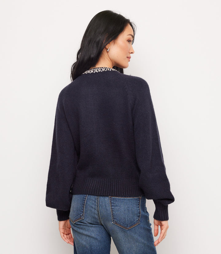 Embellished Crewneck Cardigan Sweater