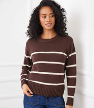 Stripe crewneck sweater with cream stripes, ribbed neckline, cuffs, and hem, relaxed fit.
