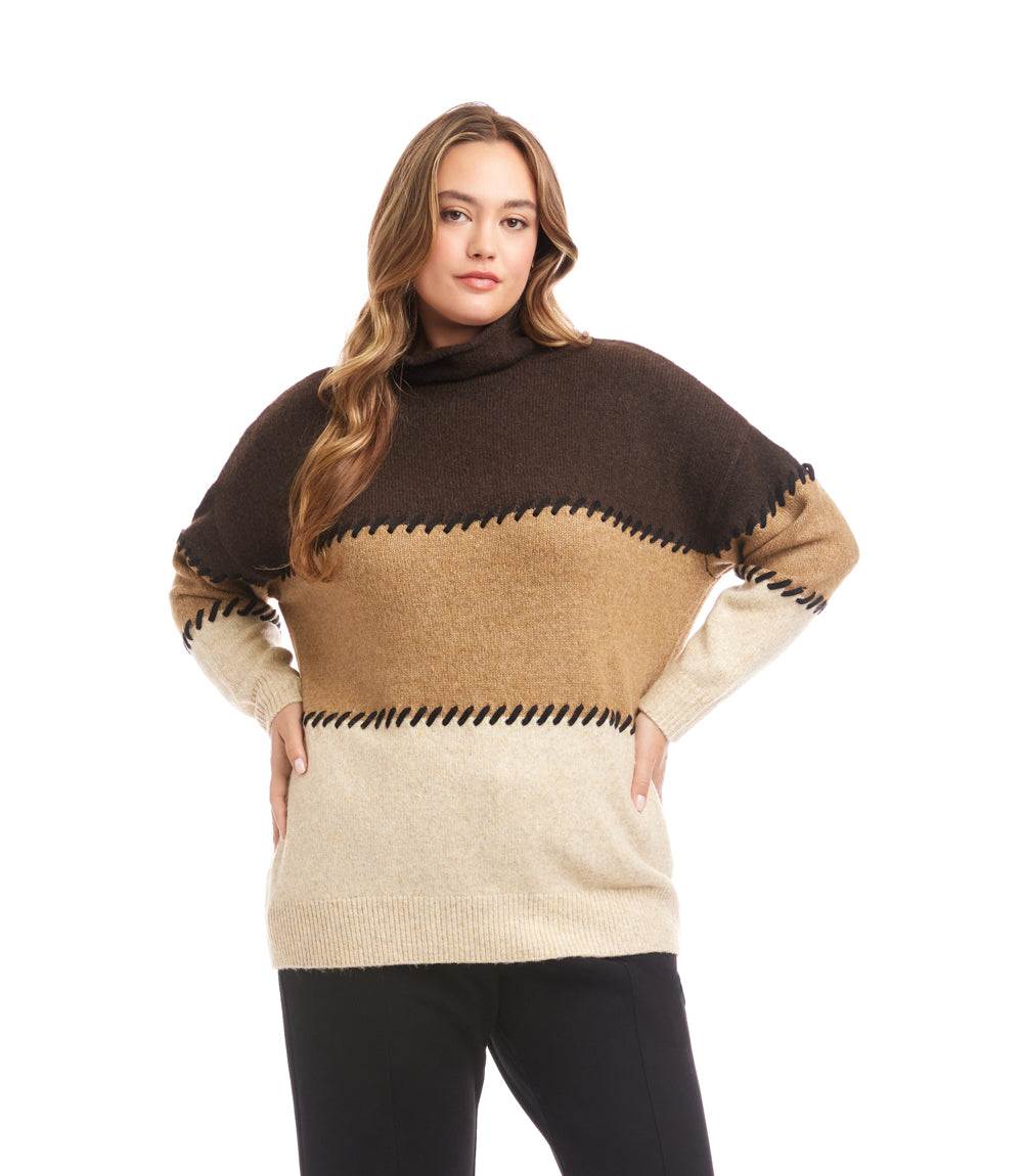 Plus size mock neck colorblock sweater with brown contrast stitch and drop shoulder sleeves