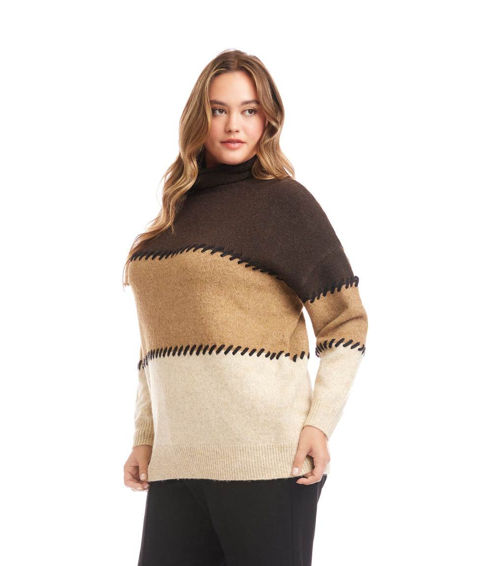 Plus size mock neck colorblock sweater with brown contrast stitching and drop shoulders