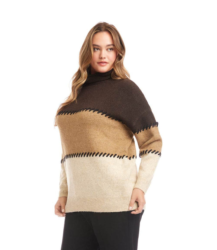 Plus size mock neck colorblock sweater with brown contrast stitching and drop shoulders