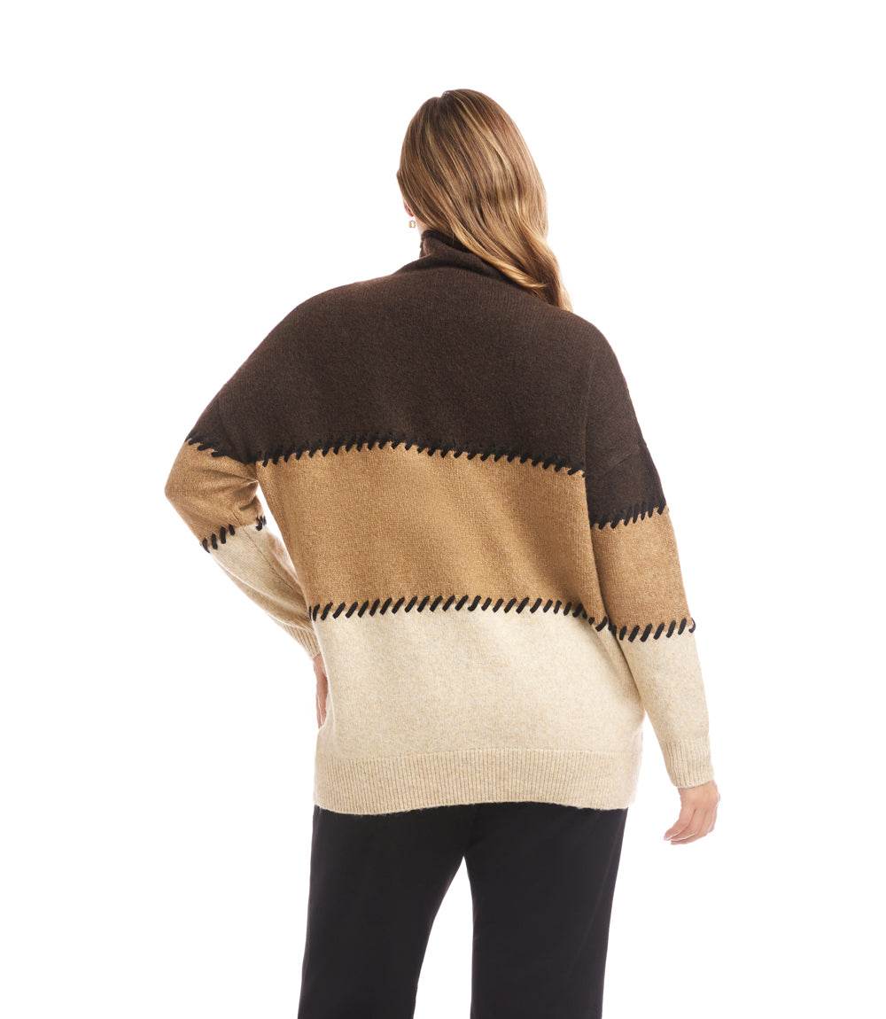 Plus size colorblock sweater with brown contrast stitching, mock neck, and drop shoulder sleeves.