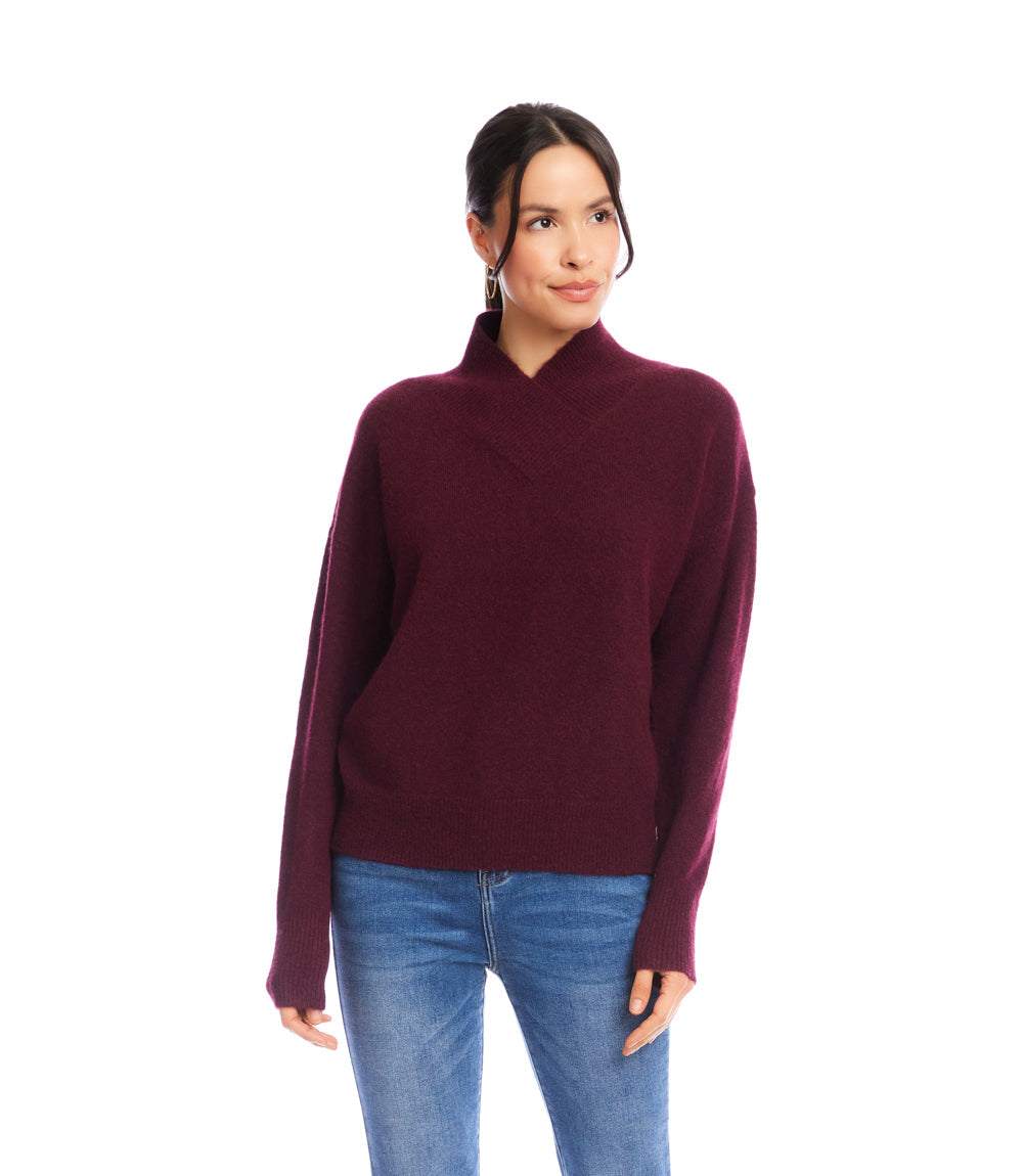 Petite size shawl collar sweater in deep burgundy with long sleeves and relaxed fit on a model