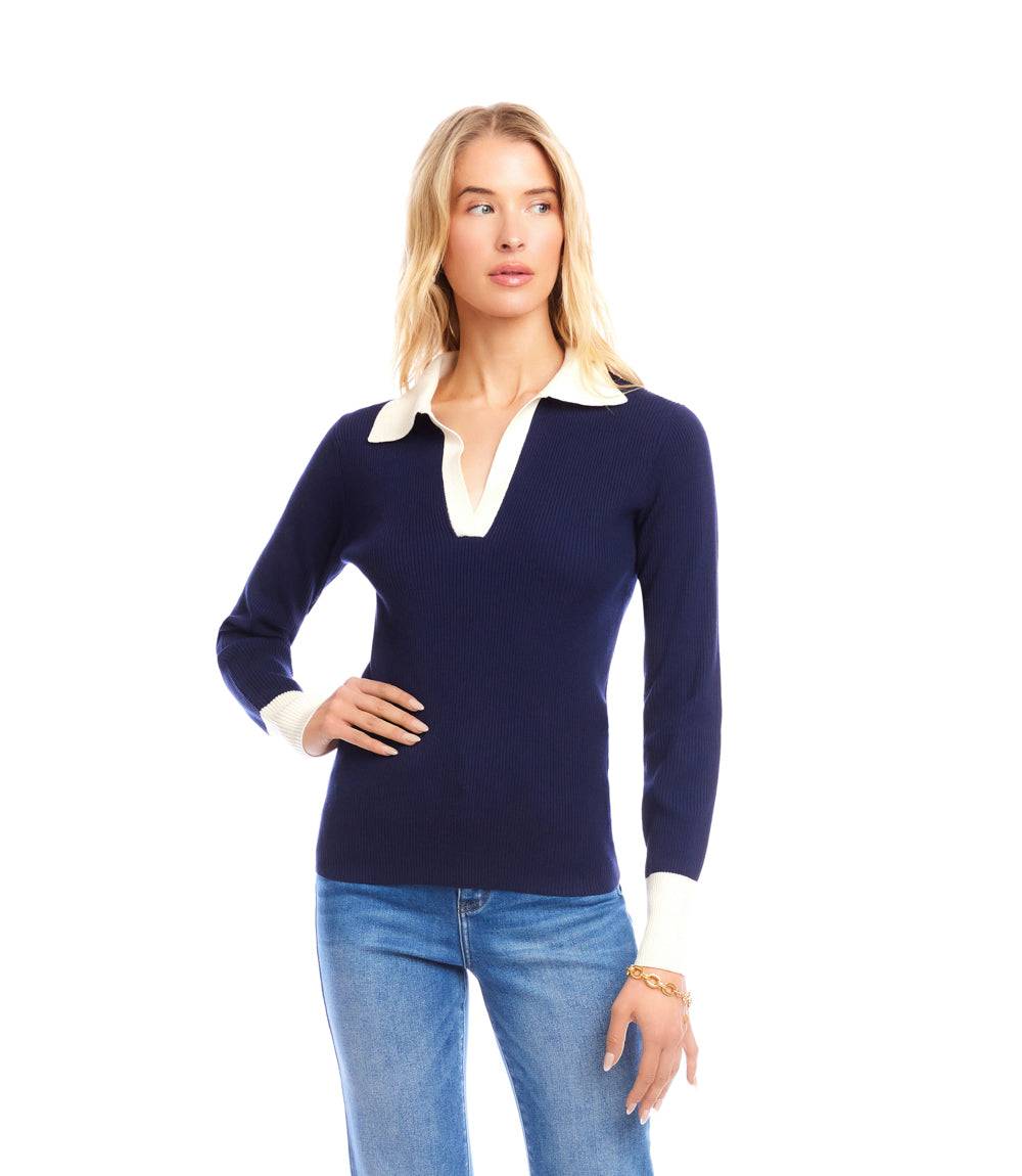 Contrast Ribbed Polo Sweater