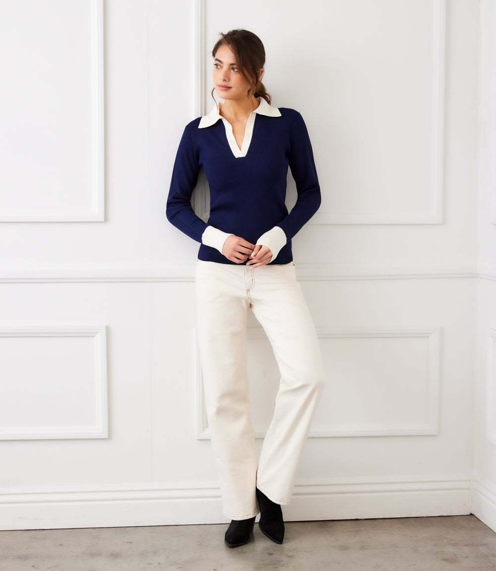 Contrast Ribbed Polo Sweater