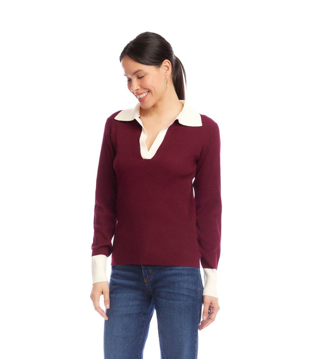 Contrast Ribbed Polo Sweater