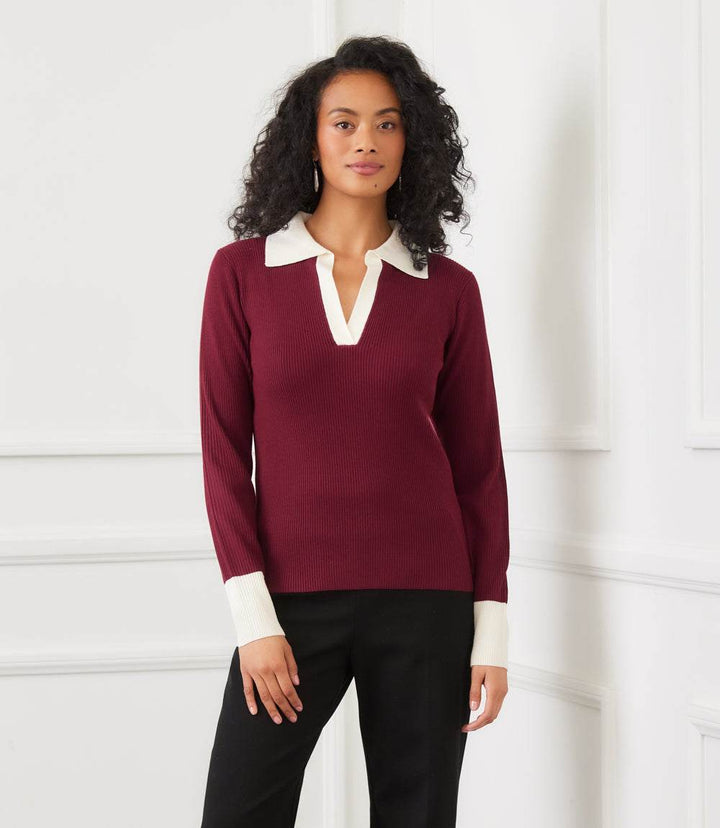 Contrast Ribbed Polo Sweater