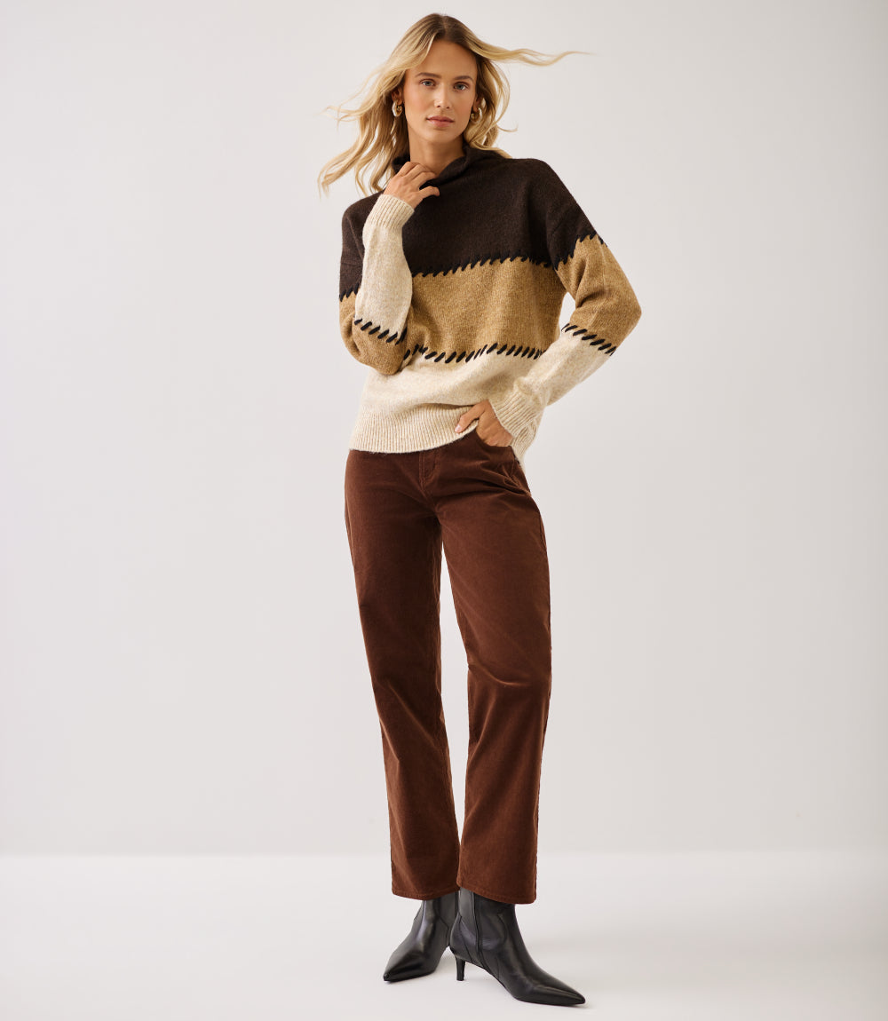 Petite Size Contrast Stitch Mock Neck Colorblock Sweater