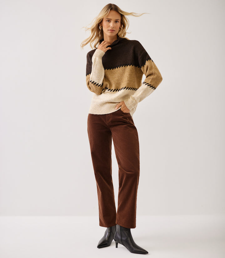 Petite Size Contrast Stitch Mock Neck Colorblock Sweater