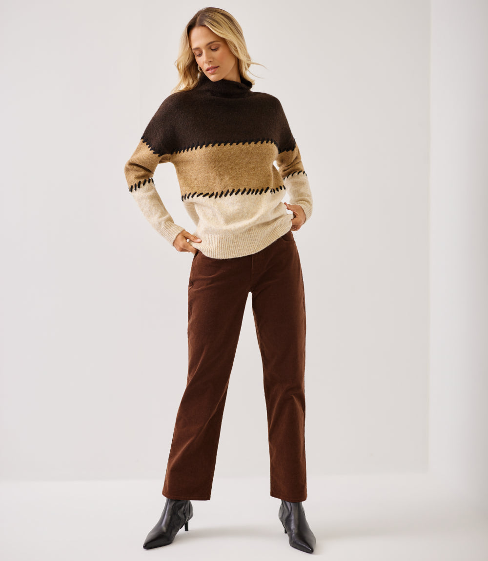 Petite Size Contrast Stitch Mock Neck Colorblock Sweater