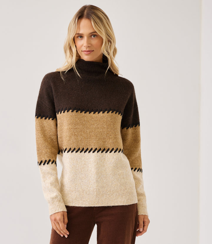 Petite Size Contrast Stitch Mock Neck Colorblock Sweater