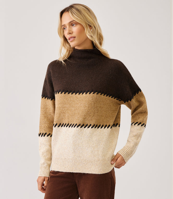 Petite Size Contrast Stitch Mock Neck Colorblock Sweater