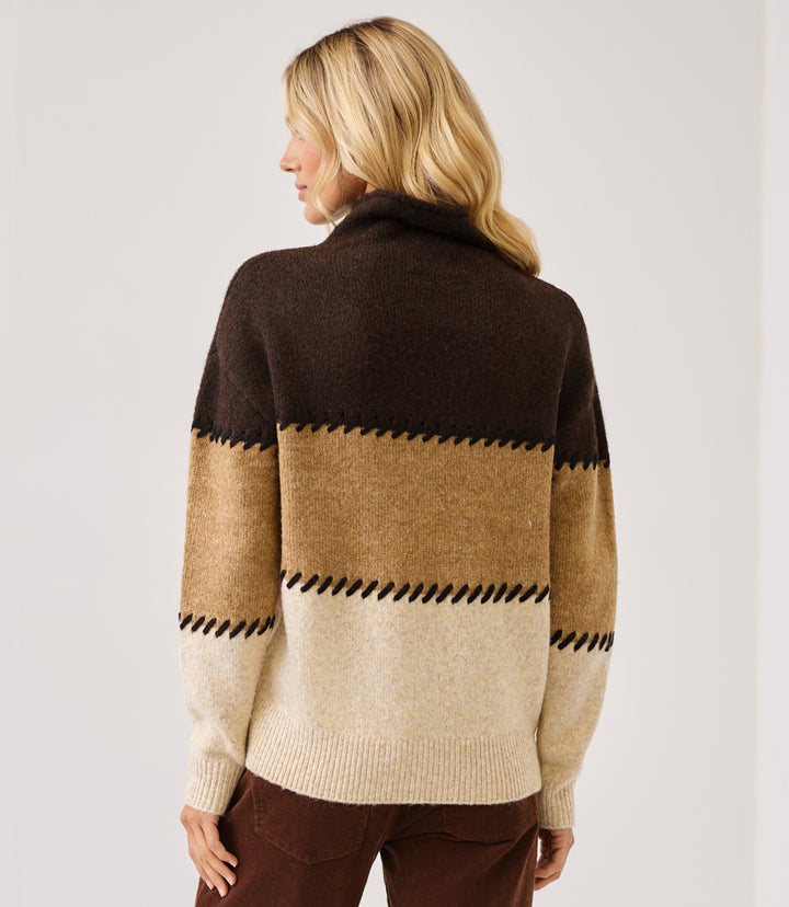 Petite Size Contrast Stitch Mock Neck Colorblock Sweater