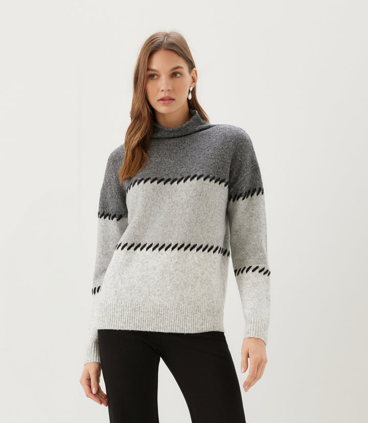 Petite Size Contrast Stitch Mock Neck Colorblock Sweater