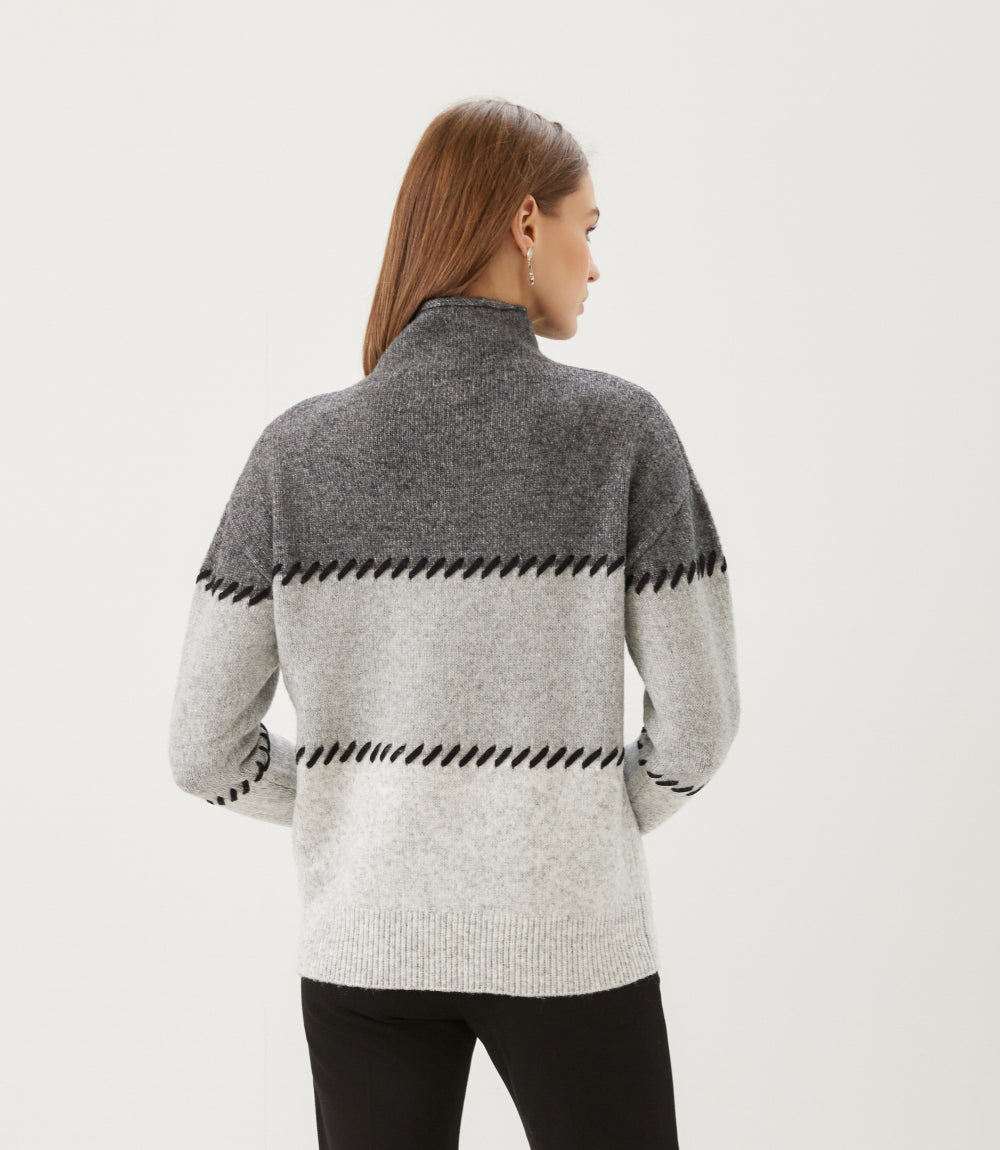 Petite Size Contrast Stitch Mock Neck Colorblock Sweater