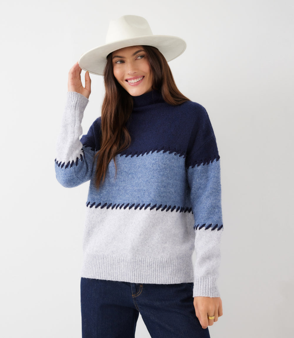 Petite Size Contrast Stitch Mock Neck Colorblock Sweater