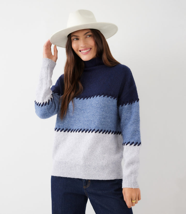 Petite Size Contrast Stitch Mock Neck Colorblock Sweater