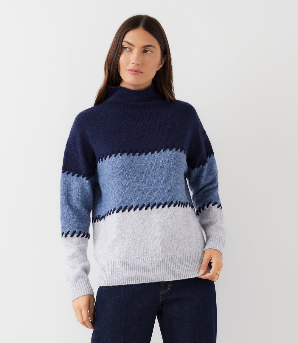 Petite Size Contrast Stitch Mock Neck Colorblock Sweater