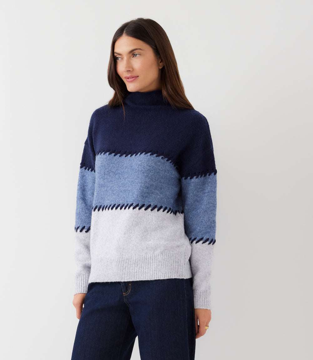 Petite Size Contrast Stitch Mock Neck Colorblock Sweater