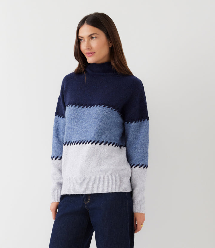 Petite Size Contrast Stitch Mock Neck Colorblock Sweater