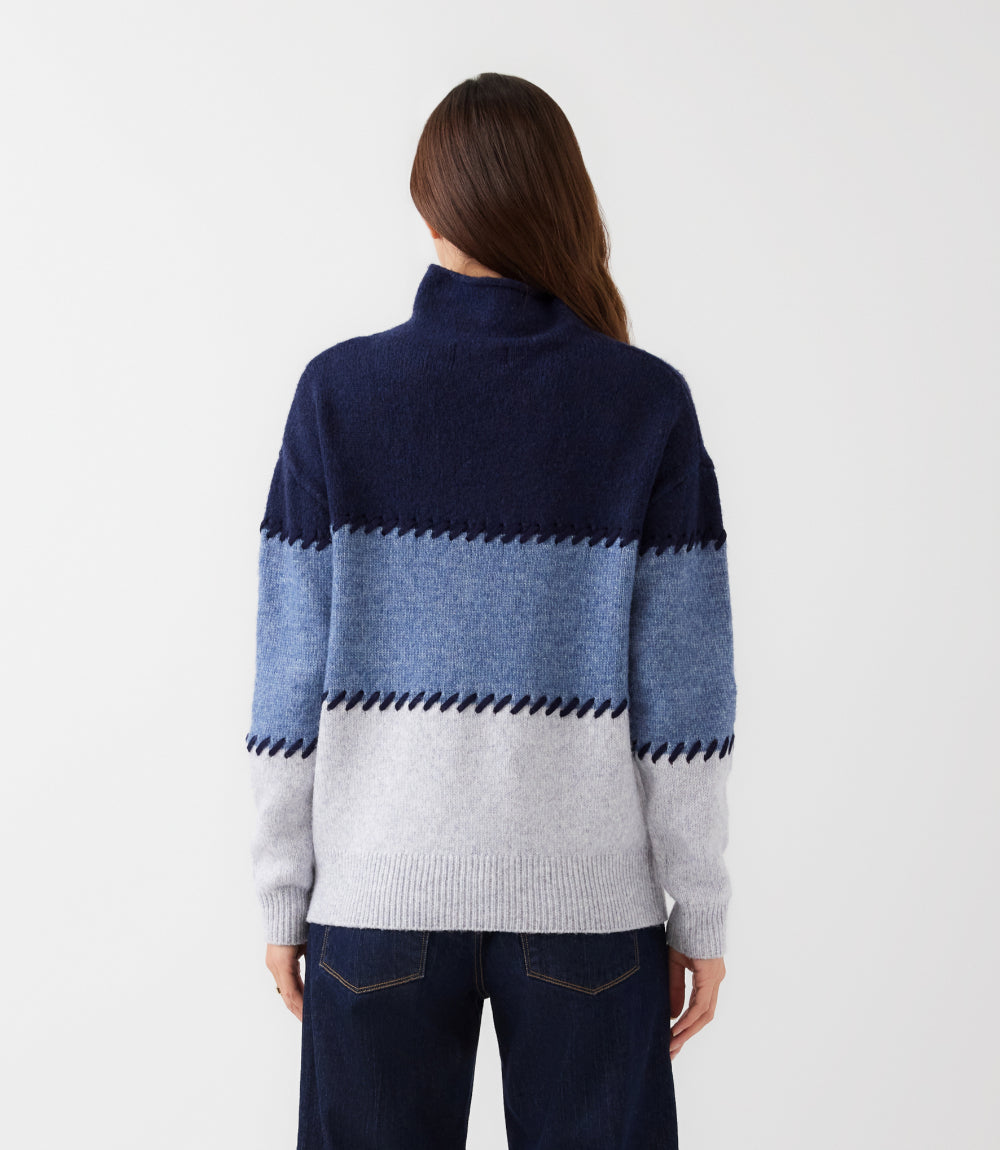 Petite Size Contrast Stitch Mock Neck Colorblock Sweater