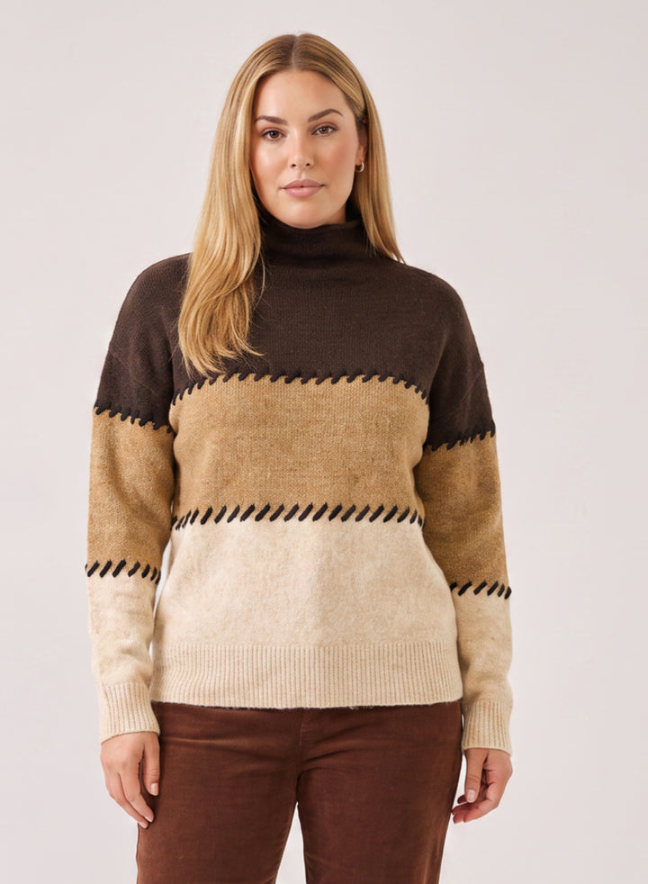 Plus Size Contrast Stitch Mock Neck Colorblock Sweater