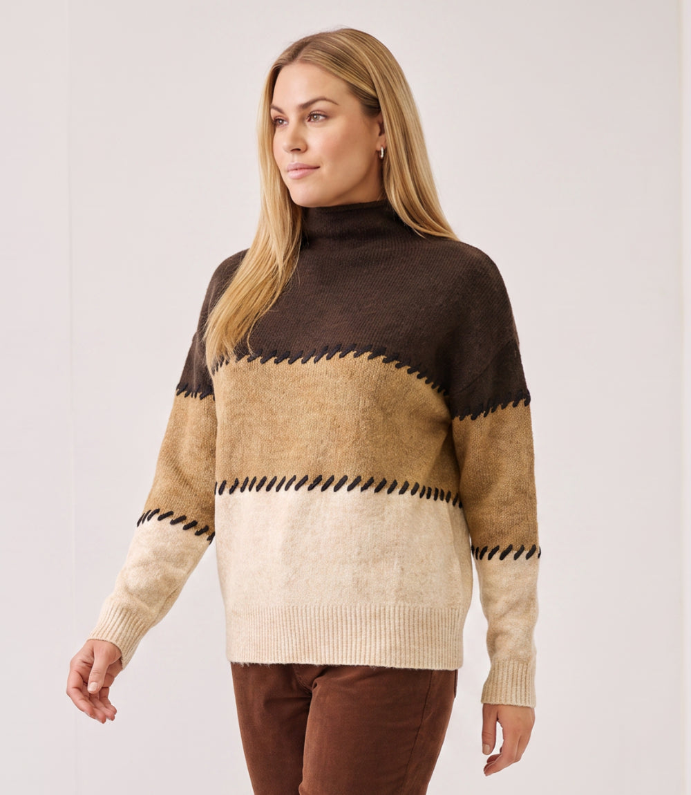 Plus Size Contrast Stitch Mock Neck Colorblock Sweater