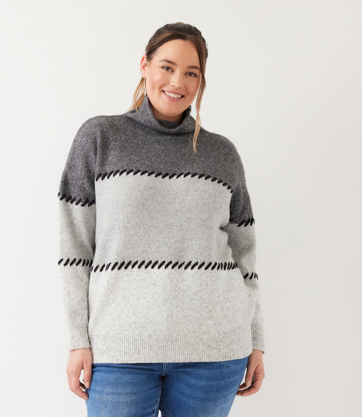 Plus Size Contrast Stitch Mock Neck Colorblock Sweater