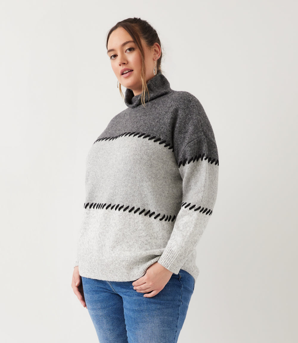 Plus Size Contrast Stitch Mock Neck Colorblock Sweater