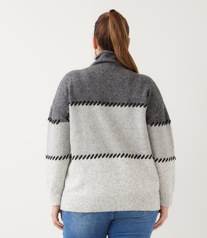 Plus Size Contrast Stitch Mock Neck Colorblock Sweater