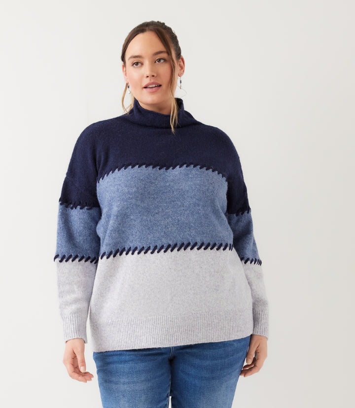 Plus Size Contrast Stitch Mock Neck Colorblock Sweater