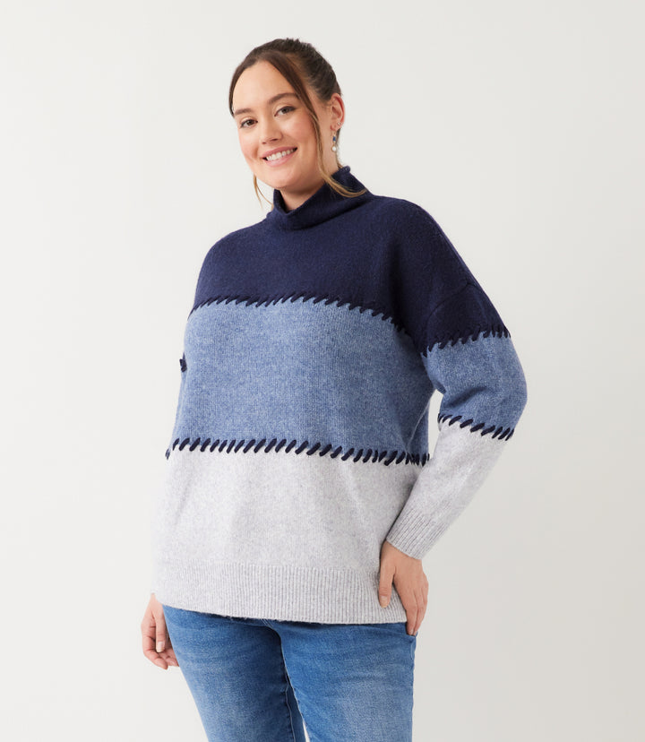 Plus Size Contrast Stitch Mock Neck Colorblock Sweater