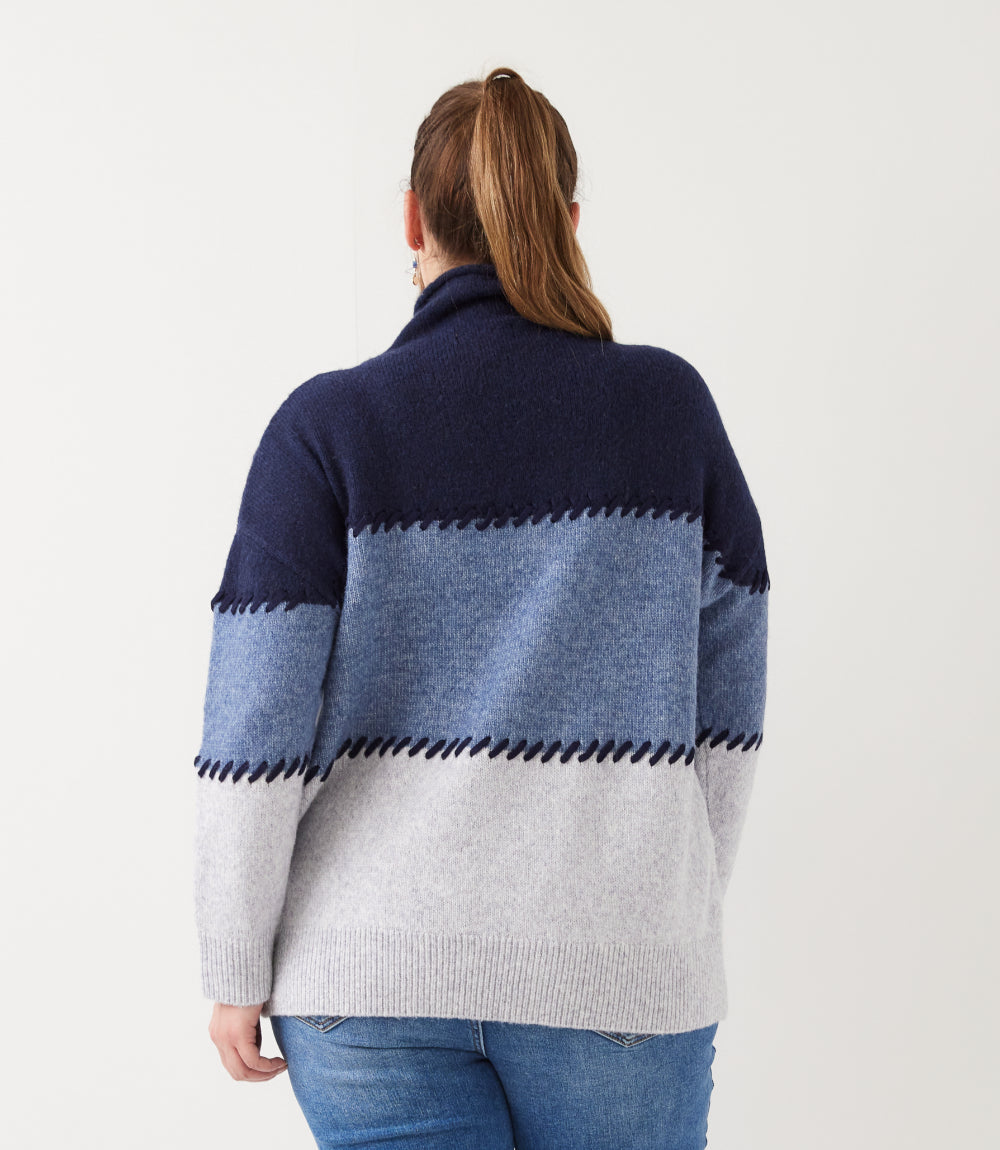 Plus Size Contrast Stitch Mock Neck Colorblock Sweater