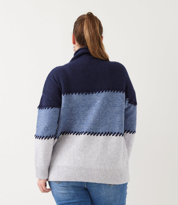 Plus Size Contrast Stitch Mock Neck Colorblock Sweater