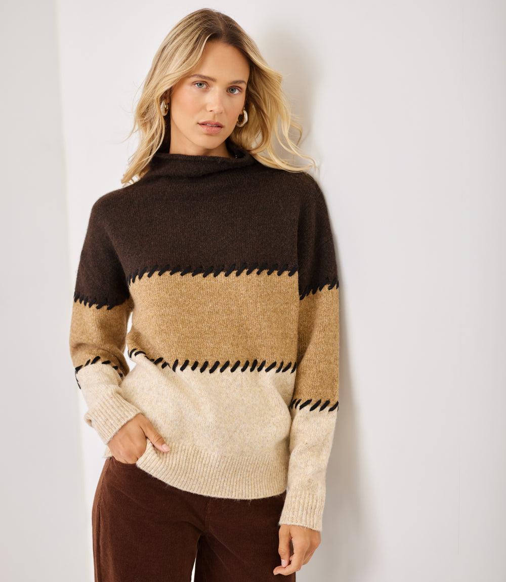 Contrast Stitch Mock Neck Colorblock Sweater